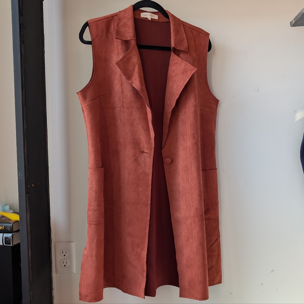 ANTHROPOLOGIE Solitaire Suede Vest Long Burnt Orange Size XL Pockets Faux Suede